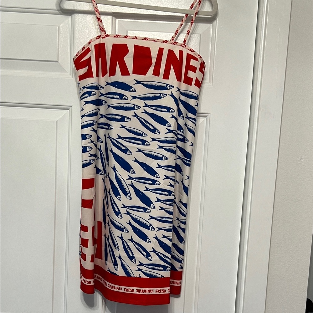 White Mini Dress with Blue Sardine Print and Red Accents